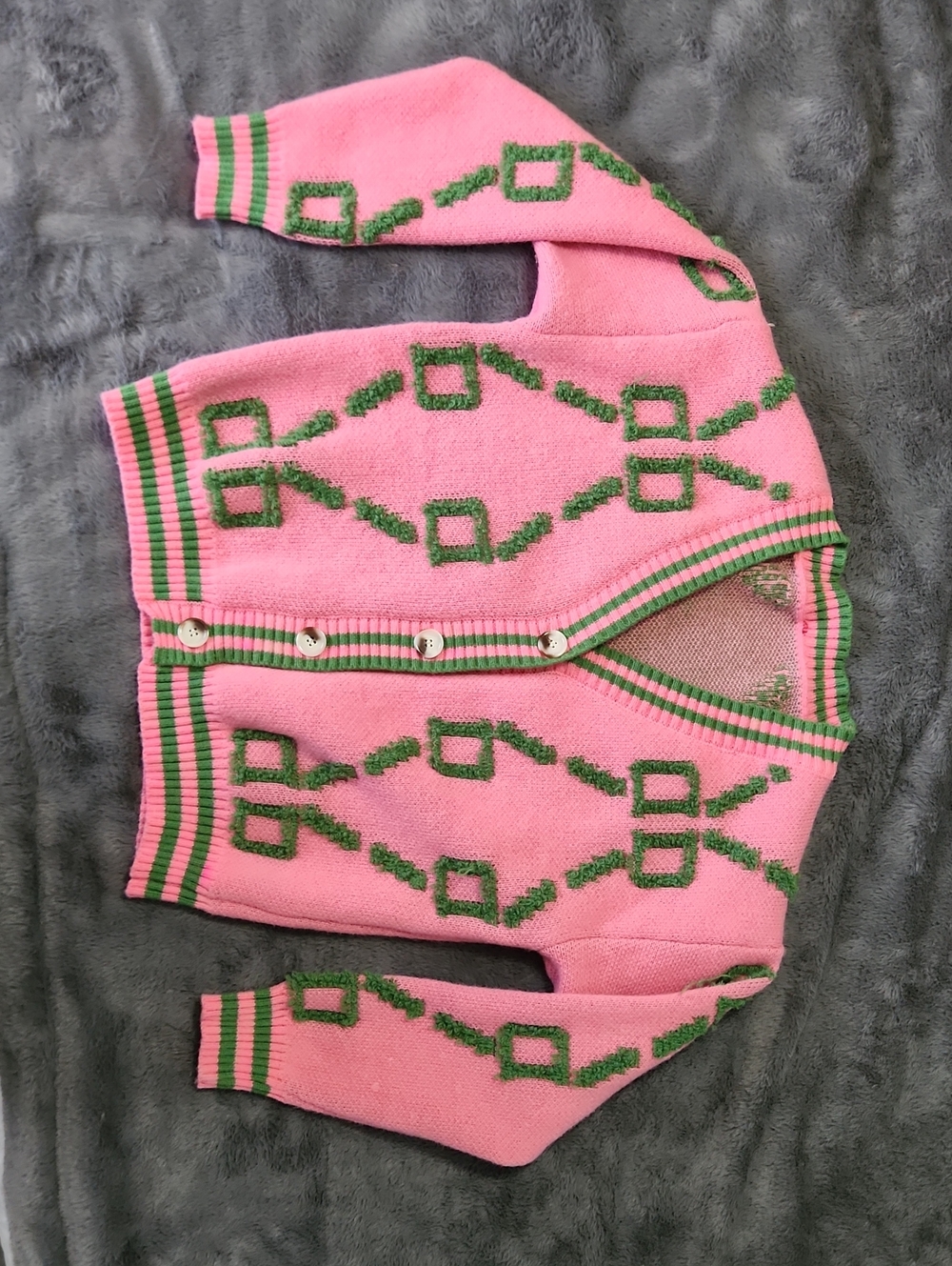 Pink Knit Cardigan with Green Geometric Pattern